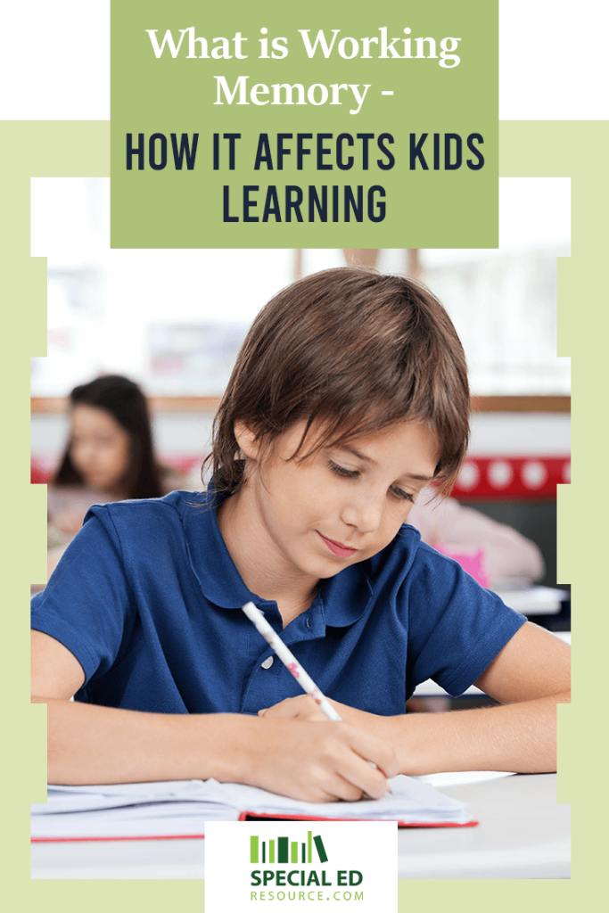 A young student in a blue polo shirt concentrates on writing in a notebook at a school desk, with classmates in the background. Above the child, text reads 'What is Working Memory – How It Affects Kids Learning,' and the bottom features the Special Ed Resource logo.
