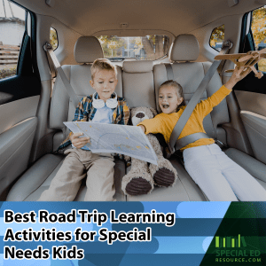 Siblings are having fun with their road trip activities sitting in the backseat on their family vacation this summer. 