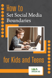 A young boy with glasses focused on using a laptop at a desk, with a mug and smartphone nearby, using the social media boundaries for kids his parents established from the tips in this blog post by https://staging.specialedresource.com/