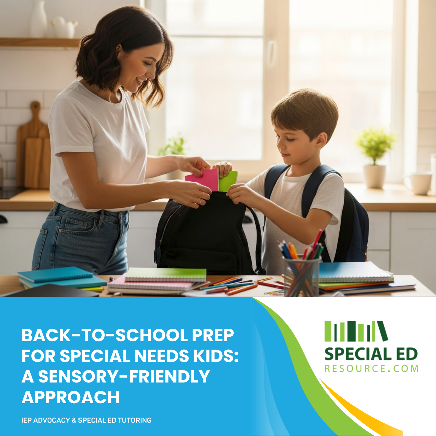 Child using a visual schedule to get ready for the first day of school with sensory tools nearby