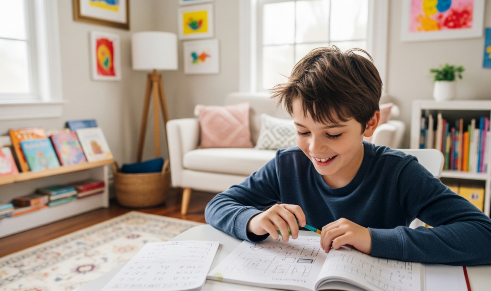 Parent supporting autistic child with structured homeschool learning plan